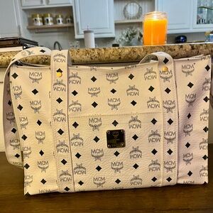 MCM White Visetos Logo Tote Bag